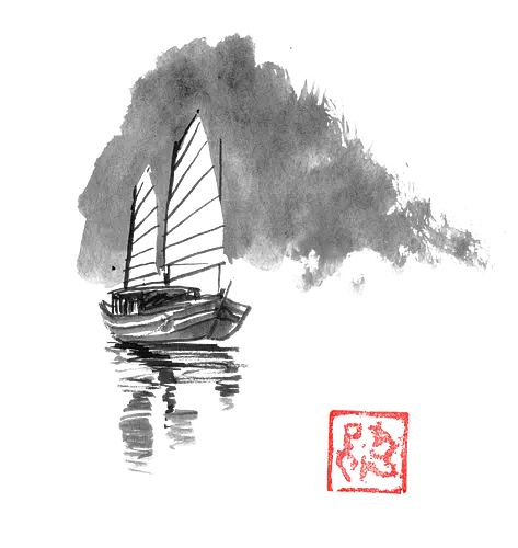 boat going away - boat, sumie, japan