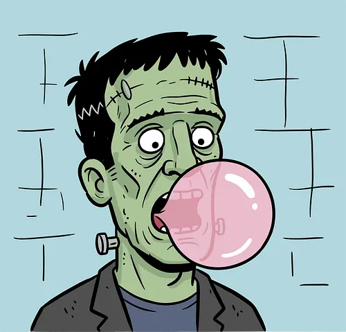  Chewing Gum Frankie - Frankenstein bubblegum, Frankenstein's monster, funny horror, spooky humor, classic monster, Halloween, bubble gum, quirky art, pop culture, t-shirt design, art print, monster cartoon, gothic humor, Universal monsters.