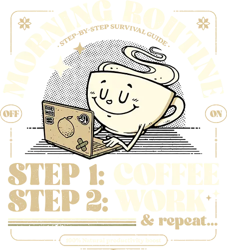 Morning Routine - coffee, caffeine, morning routine, funny t-shirt, retro design, cartoon style, coffee lover, work life, tired, productivity, sarcasm, humor, daily grind, laptop, designer life