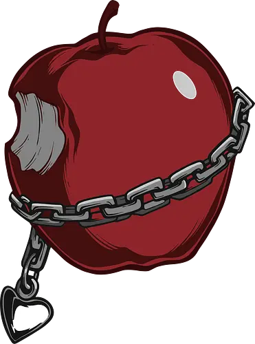 Forbidden Fruit Chain - Forbidden fruit, chained apple, gothic, dark art, symbolic, red apple, temptation, control, sin, Death Note apple, t-shirt design, art print, metal chain, edgy aesthetic, unconventional.