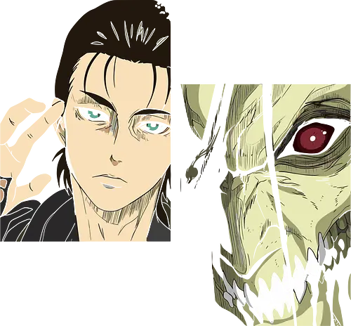 Eren Yeager: Man vs. Monster - Eren Yeager, Attack Titan, Attack, AOT, Shingeki no Kyojin, anime, manga, fan art, t-shirt design, art print, transformation, dual nature, cool anime art, geek art, iconic, minimalist.
