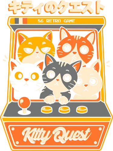 Kitty Quest - cats, retro, arcade, gamer, vintage, funny, kawaii, humor, quest, kitty, pixel, nostalgia, cute, japanese, game, pop, geek, cool, anime, paws, feline