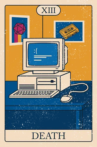 Retro Tech Tarot - Death Card - geek, 80s, cassette, computer, developer, funny, humor, magic, nerd, nostalgia, programmer, retro, tarot, tarot card, vintage