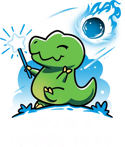 Rexy Is A Wizard - adorable, cute dino, dinosaur, fantasy, funny, humor, jurassic, kawaii, magical, meteor shower, prehistoric, t rex, tyrannosaurus, wizard