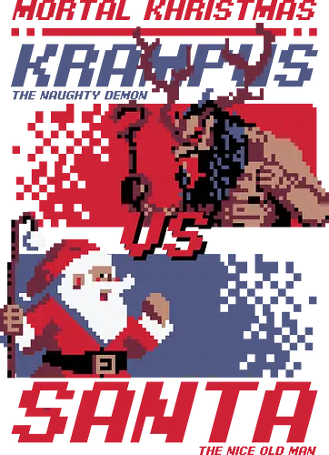 Christmas Fight - Pixel Santa vs Krampus - Holiday, Santa Claus, Presents, Merry Christmas, Christmas Vacation, Christmas, Christmas Eve, Gifts, Gift, Naughty, Naughty List, Nice, Fire, Hell, Soul, Devil, Demon, Bad Santa, Krampus, pixel art, fighting, game, video game, retro vintage, Kombat, fight