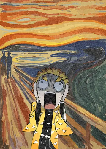 The Scream of Zenitsu - Zenitsu Agatsuma, Slayer, Kimetsu no Yaiba, The Scream parody, Edvard Munch, funny anime, art history mashup, fan art, t-shirt design, art print, cool anime art, geek humor, iconic painting, chaotic