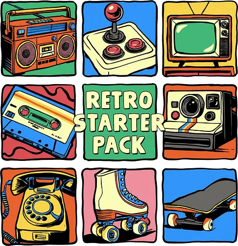 Retro Starter Pack - rotary phone, starter pack, vintage, retro, 80s, 90s, boombox, casstte tape, gamer, joystick, music, nostalgia, nostalgic, old school, roller skates