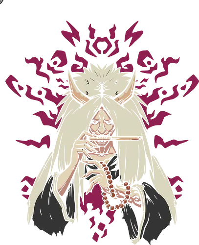 Uro Uro: The Cursed Spirit - Uro Uro, cursed spirit, Japanese folklore, dark fantasy, anime villain, horns, flute, prayer beads, unique graphic, t-shirt design, art print, Paranormal, JJK fan art, stylized, occult.