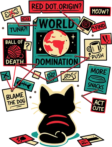 Cat Master Plan - black cat, chaos, conspiracy, cute, detective, evil, feline lover, funny, humor, kitten, kitty, mastermind, mischief, world domination, planet earth