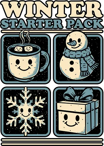 Winter Stater Pack - Christmas, Christmas Vacation, Christmas Lights, Fun, Funny, Winter, Snow, Holiday, Happy Holidays, Holidays, Jolly, Cute, Gifts, Gift, Happy, Starter Pack, Mug, Hot Chocolate, Hot Cocoa, Snowman, Marshmallow, Snowflake