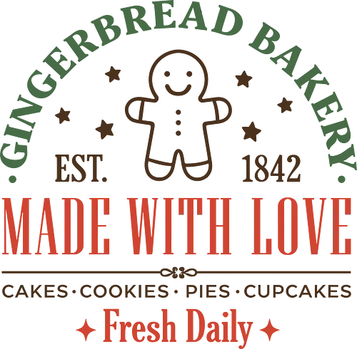 Gingerbread Bakery: Made With Love - Gingerbread Bakery, Made With Love, Christmas baking, vintage bakery logo, holiday cookies, gingerbread man, retro festive, est 1842, t-shirt design, art print, cozy holiday, dessert lover gift, baker, fresh daily
