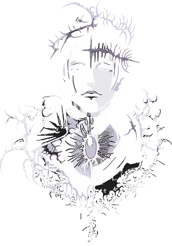 The Thorned Saint - Thorned crown, gothic art, dark fantasy, androgynous, haunting, monochrome, sorrow, melancholy, sacrifice, unique graphic, t-shirt design, art print, minimalist gothic, edgy aesthetic, serene.