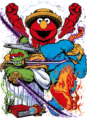 Street Monster Trio - cookie monster, Oscar the grouch, sesame streets, elmo, big bird, retro, puppet, puppets, puppet master, retro vintage, puppeteer, unique design, retro design, vintage cartoon, monster trio, Pirate, roronoa zoro, pirate, vinsmoke sanji, zoro, sanji, strawhat luffy, strawhat, strawhat pirates