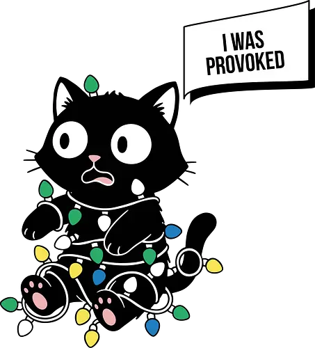  Christmas Cat: I Was Provoked - Tangled cat, I Was Provoked, funny Christmas, black cat, Christmas lights, holiday humor, cat lover gift, t-shirt design, art print, festive mayhem, sarcastic cat, cute animal, mischievous, relatable