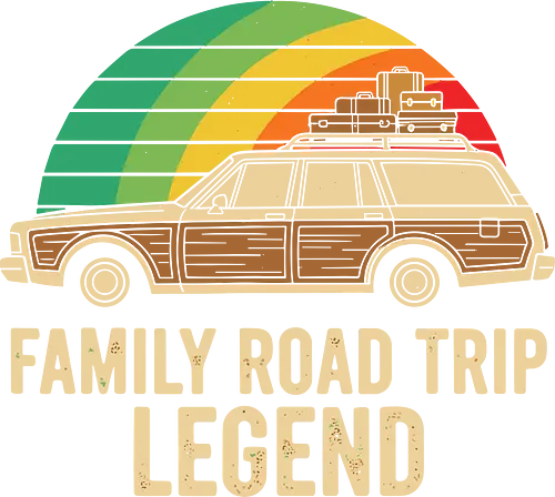 Family Road Trip Legend - Family Road Trip Legend, station wagon, wood panel, retro car, 70s 80s nostalgia, vintage travel, road trip humor, family vacation, distressed graphic, t-shirt design, art print, cool dad, sunset rainbow, travel enthusiast