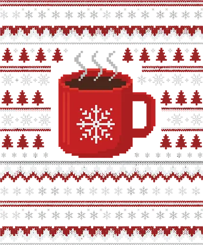 Hot Cocoa Ugly Sweater - Ugly Christmas sweater, hot cocoa, pixel art, fair isle, Christmas mug, cozy holiday, festive drink, red and white, snowflake, t-shirt design, art print, Christmas sweater party, hot chocolate lover, nostalgic