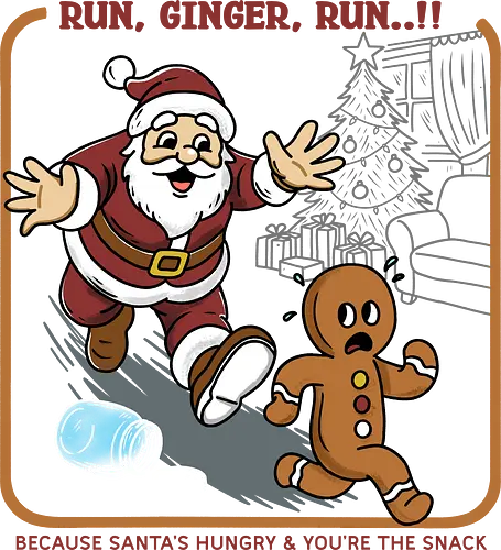 Run, Ginger, Run..!! - gingerbread, funny christmas, christmas humor, santa chase, cookie escape, holiday snack, retro holiday design, holiday comedy, xmas illustration, cute horror, gingerbread run, Retro Christmas, vintage Christmas