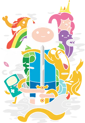  Adventures in Ooo - Cartoon, Finn the Human, Jake the Dog, Princess Bubblegum, BMO, Lady Rainicorn, cartoon, fan art, t-shirt design, art print, pop culture, geek art, nostalgic cartoon, stylized, Ooo