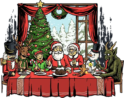Last Christmas Supper - last supper, christian, christmas, davinci, dinner, elf, faith, gingerbread man, krampus, nutcracker, reindeer, religious, renaissance, santa claus, snowman