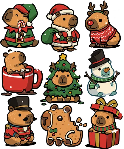 Christmas Capybaras - christmas capybara, animal, cappy, capy, capybara, christmas, elf, funny capybara, merry christmas, nutcracker, reindeer, rodent, santa claus, snowman, xmas