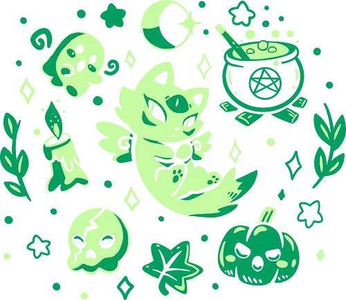 Green Halloween Vibes - Katze, Halloween, geflügelte Katze, grüne Katze, cat, winged cat, green cat, green, spooky, spirit, spiritual, moon, witch, cauldron, cosmic cat
