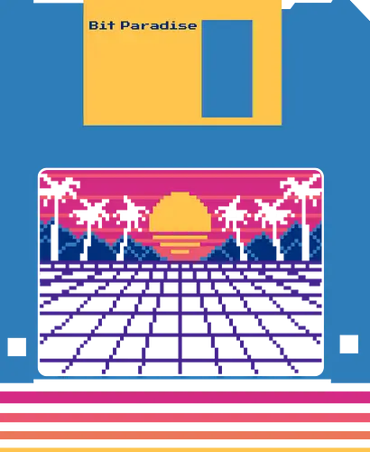 Bit Paradise Retro Sunset Floppy Disk  - 8bit, beach, gamer, gaming, nostalgia, palm, pixel, pixelart, retro, retrowave, summer, sunset, synthwave, vaporwave, vintage