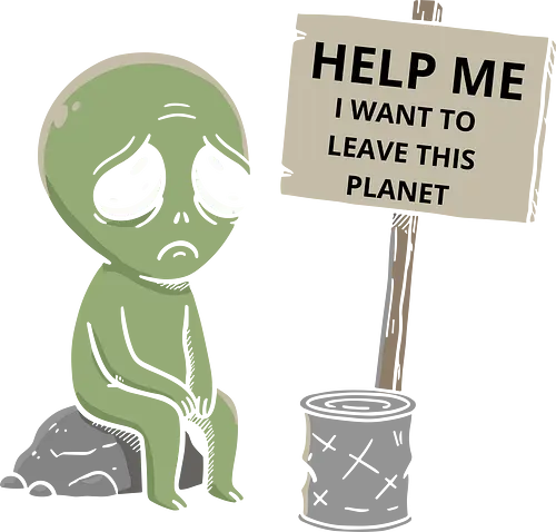  Alien Wants Off This Planet - Alien, help me leave, introverted, anti-social, funny alien, sci-fi humor, sarcastic, space meme, t-shirt design, art print, minimalist, quirky humor, conspiracy theory, overwhelmed, depressed alien.