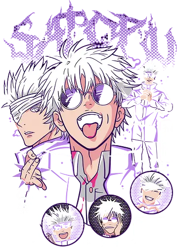  Satoru Gojo: Pop Art Sorcerer - Satoru Gojo, Gojo, Jujutsu, JJK, Six Eyes, pop art, collage, anime, manga, fan art, t-shirt design, art print, cool anime boy, geek art, stylish, purple aesthetic, overpowered, iconic.