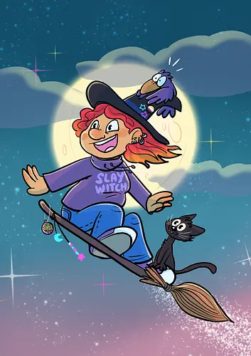 Hexe auf Besen - Hexe, Witch, Halloween, Comic