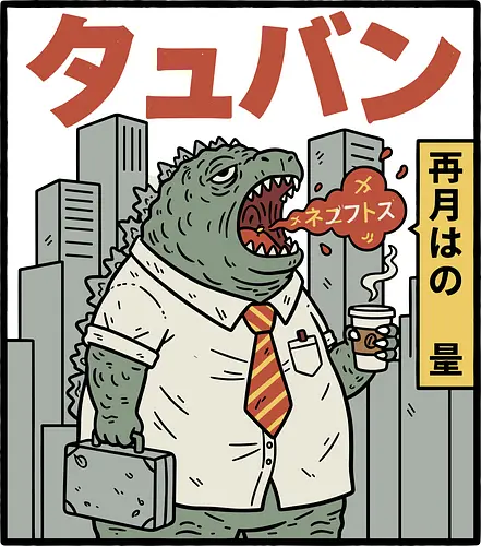 Kaiju Commuter Grumbles - Godzilla commute, office worker, funny Godzilla, corporate monster, kaiju humor, ironic, t-shirt design, art print, Japanese graphic, cool monster, anti-work, meme art, pop culture, salaryman.