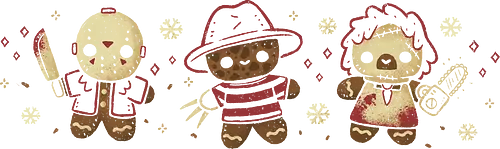 Cute Gingerbread Killers - gingerbread, jason voorhees, freddy krueger, leatherface, horror, christmas, creepy cute, spooky cute, killer, halloween, cookies, sweet, splatter, food, xmorfina