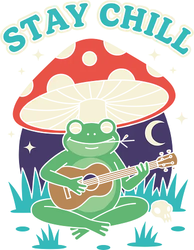 Stay Chill Frog Troubadour - Stay Chill, chill frog, frog playing ukulele, cottagecore, whimsical, retro art, mushroom frog, Amanita Muscaria, nature art, t-shirt design, art print, groovy, cool frog, animal musician, quirky humor