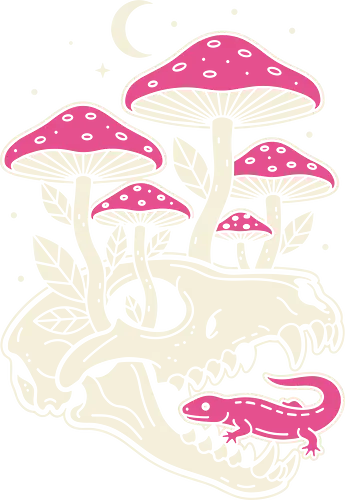 Mushroom Skull Growth - Mushroom skull, macabre cottagecore, gothic nature, Amanita muscaria, pink mushroom, lizard, animal skull, dark academia, fantasy art, t-shirt design, art print, whimsical, spooky cute, unique graphic, toadstool