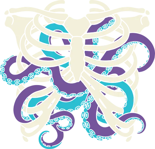Heart of Tentacles - Octopus ribs, tentacle heart, surreal art, anatomical, weird art, gothic, marine biology, Cthulhu, unique graphic, t-shirt design, art print, macabre, deep sea, purple and teal, unconventional