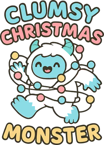  Clumsy Christmas Monster - Clumsy Christmas Monster, Yeti, abominable snowman, funny Christmas, cute monster, holiday humor, Christmas lights, tangled, whimsical, pastel, t-shirt design, art print, festive humor, cute yeti.