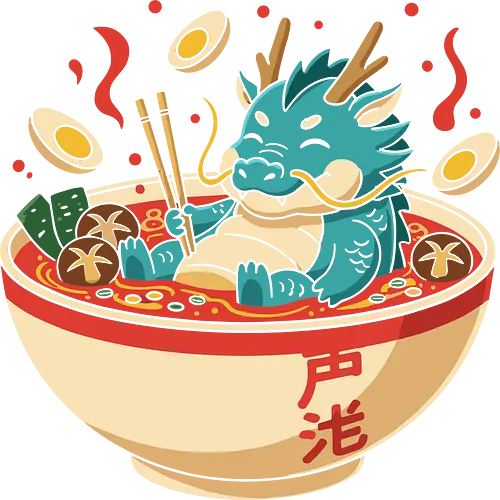 Cozy Dragon Ramen Bath - Ramen dragon, cute dragon, dragon in ramen, funny food, Asian dragon, whimsical, kawaii, food art, Japanese food, t-shirt design, art print, minimalist, quirky humor, foodie gift, anime fan gift