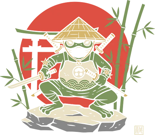  Ronin Frog Warrior - Ninja frog, samurai frog, ronin, frog warrior, Japanese art, torii gate, Hinomaru, katana, fantasy art, t-shirt design, art print, cool frog, gecko, unique graphic, traditional Japan, shinobi