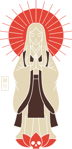 Zen Goddess of Mercy - Zen goddess, Bodhisattva, Kannon, Guanyin, Japanese art, minimalist, spiritual art, red sun, lotus, skull, macabre, aesthetic graphic, t-shirt design, art print, Asian mythology, meditating figure