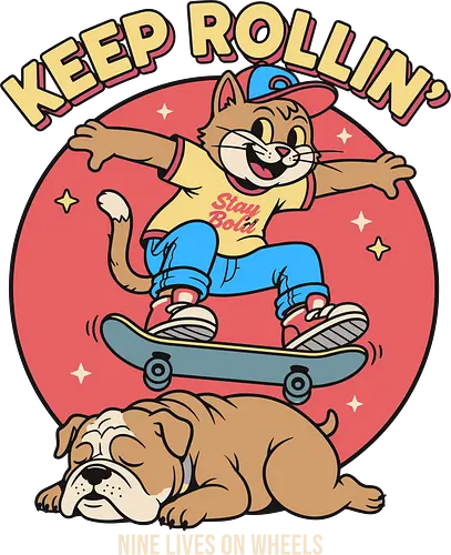 Keep Rollin': Nine Lives on Wheels - Skateboard cat, Keep Rollin', funny cat, retro skateboarding, bulldog, nine lives, cartoon graphic, skate culture, nostalgic, t-shirt design, art print, cool cat, skater gift, animal humor, 90s aesthetic