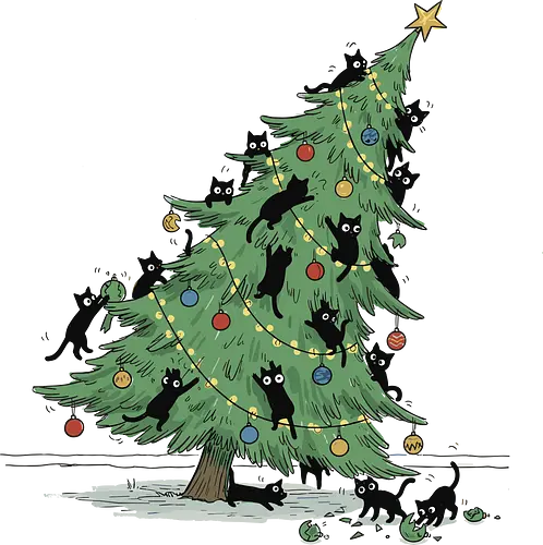 Christmas Tree Cat-astrophe - Christmas cat, cat-astrophe, black cat, funny Christmas, destroying tree, holiday humor, chaotic cats, cat lover gift, t-shirt design, art print, festive animal, Christmas ornaments, cat mom, mischievous