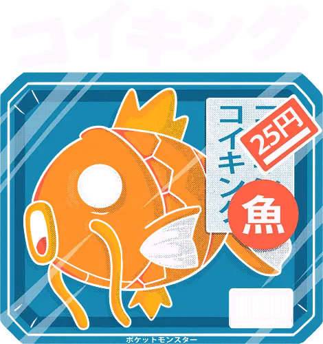 FRESH KARP - magikarp art, japanese design, retro anime, gamer humor, pokemon parody, funny fish, japanese pop culture, tokyo streetwear, otaku fashion, nostalgic art, 90s anime style, nerd humor, pixel aesthetic, parody shirt, vintage packaging