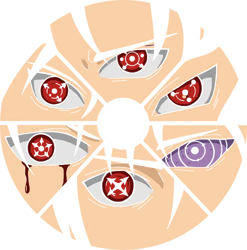 Shattered Dojutsu Legacy - Sharingan, Rinnegan, Mangekyō Sharingan, Uchiha Clan, Dojutsu, Shinobi, anime, manga, fan art, t-shirt design, art print, cool anime art, geek art, iconic eyes, minimalist, power, Sasuke, Itachi, Madara