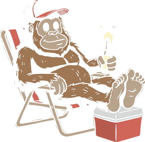 Bigfoot beach day - Lazy ape, gorilla vacation, funny monkey, beach day, chill vibes, summer humor, cool primate, cooler, trucker hat, funny animal art, t-shirt design, art print, laid-back, quirky graphic, bigfoot, nature