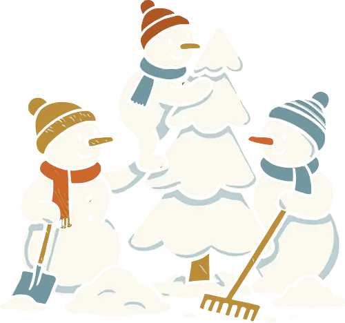 Team Snowman Decorating - Snowmen, Christmas decorating, winter holiday, snow scene, cute snowman, festive teamwork, wholesome graphic, t-shirt design, art print, minimalist Christmas, cozy winter, holiday spirit, snow day, charming.