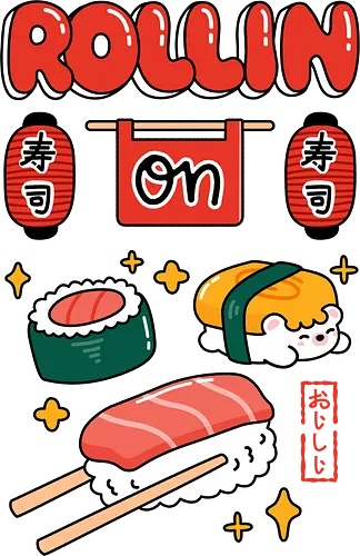 Rollin On: Cute Sushi Squad - rollin on, sushi, sushi lover, Japanese food, kawaii sushi, nigiri, maki roll, tamago, cute character, hedgehog sushi, food pun, foodie, kawaii, pastel, Japanese lanterns, izakaya vibe, cute illustration, cartoon style, aesthetic, tasty, yummy, ramen shop style, sushi shop sign, kawaii art, otaku, Japan lover, bento, snack time, cute merch, indie artist, foodie gift, kawaii fashion, sushi t shirt idea, sushi phone case, colorful design, playful, fun, happy, cute graphic, character design, roll with it, positive vibes, restaurant art, Japanese typography, sushi bar, kawaii culture, chibi, adorable, unique design, illustration tee