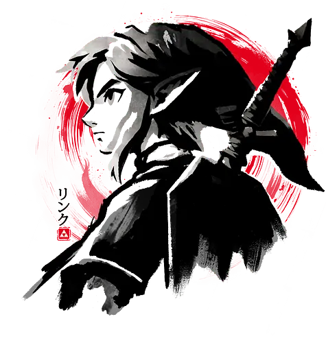 Sumi-e Swordsman - sumie, sumi-e, japan, gamer, gaming, Hero of Time, video game, zelda art, gaming merchandise, geek culture, fantasy, retro gaming