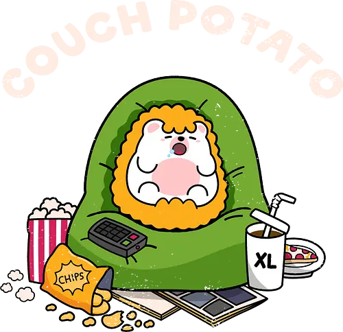 Couch Potato - couch potato, lazy day, binge watching, hedgehog, cute hedgehog, beanbag, snacks, chips, popcorn, XL soda, remote control, TV addict, streaming, stay home, introvert life, cozy vibes, cute animal, kawaii, cartoon, relatable, weekend mood, do nothing, lazy, comfort, self care, chill mode, homebody, funny quote, cute illustration, character art, woodland animal, sillyfrenz, heho, cute merch, comfy, pajama day, netflix and chill, sofa goblin, snack lover, junk food, humor, everyday wear, casual style, cute graphic, chubby, adorable, relaxed, downtime, lazy humor, gamer break