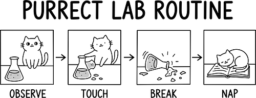 Purrect Lab Routine: Observe, Touch, Break, Nap - Cat, lab routine, science humor, purrect, funny cat, chemist gift, scientist, laboratory, glassware, break, nap, line art, feline, cat owner, pet humor, science apparel, cute cat, black and white