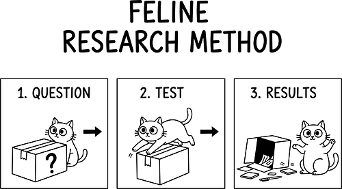 Feline Research Method - feline research method, cat science, funny cat box, scientific method parody, cat lover gift, minimalist line art, kitty logic, box experiment, researcher humor, science teacher gift, pet owner apparel, cute cat comic, feline physics, cardboard box cat