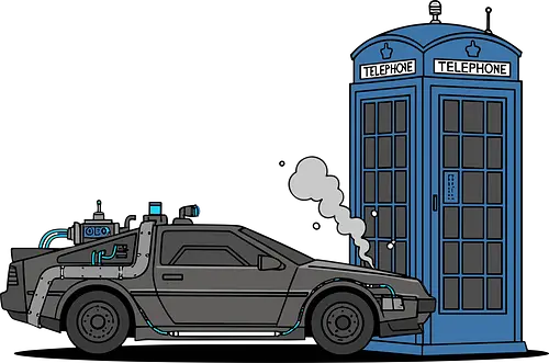 Time Machine Fender Bender - DeLorean vs. TARDIS - DeLorean, TARDIS, Doctor, Future, time machine, sci-fi mashup, crossover art, geek apparel, 80s movies, whovian gift, Marty McFly, The Doctor, police box, time travel parody, geeky t-shirt, flux capacitor, nerding out